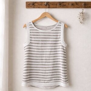 Bellambra Italian Made Taupe & White Striped Crochet-Trim Tank Size Large